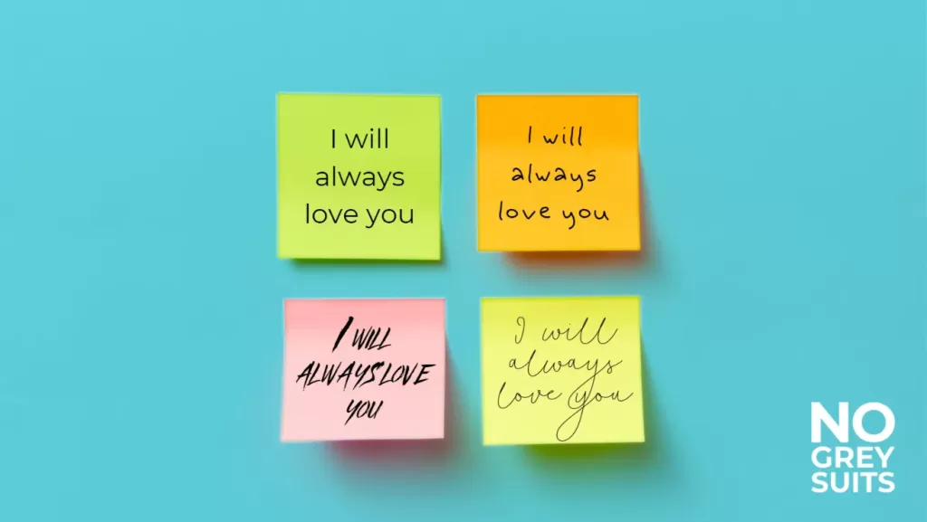 Teal Background with Four Post-it Notes, each with a different font.