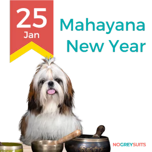 This image is a creative graphic for the Mahayana New Year. It features a fluffy dog with a black and white face, brown and white fur, and a small bow atop its head. The dog is sticking out its tongue slightly, adding a playful aspect to the image. Next to the dog, there are two traditional Tibetan singing bowls, commonly used in religious ceremonies. In the upper left corner, there is a red and yellow ribbon banner with '25 Jan' written in white, indicating the date of the Mahayana New Year. The words 'Mahayana New Year' are prominently displayed in large, white font against a black background. The text 'NO GREY SUITS' is also present in the bottom right corner in white lettering.